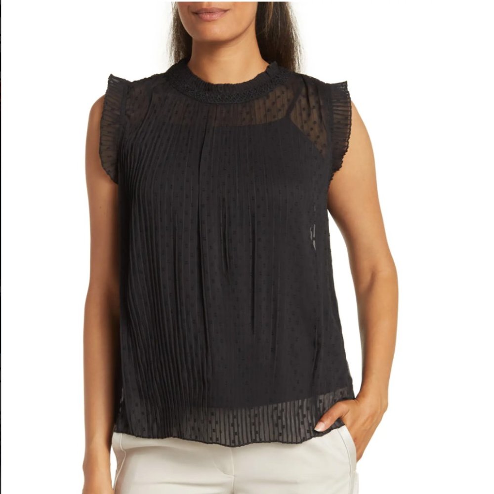 ADRIANNA PAPELL Women's Swiss Dot Pleated Sleeveless Blouse Size L - Black NWT
